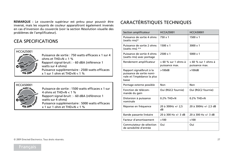 Français, Cea specifications, Caractéristiques techniques | Orion Car Audio HCCA25001 User Manual | Page 28 / 126