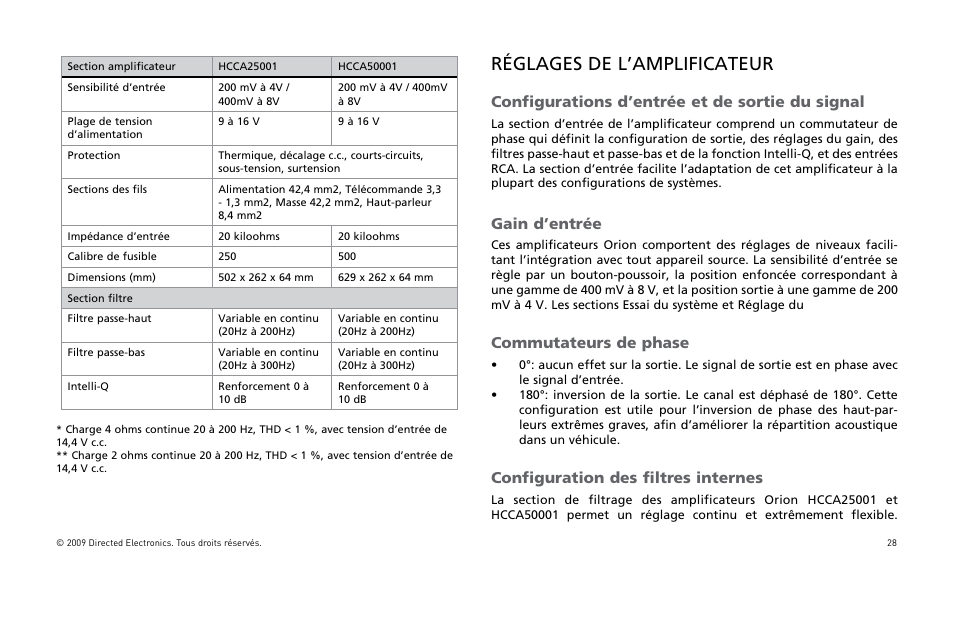 Réglages de l’amplificateur, Configurations d’entrée et de sortie du signal, Gain d’entrée | Commutateurs de phase, Configuration des filtres internes | Orion Car Audio HCCA25001 User Manual | Page 29 / 126