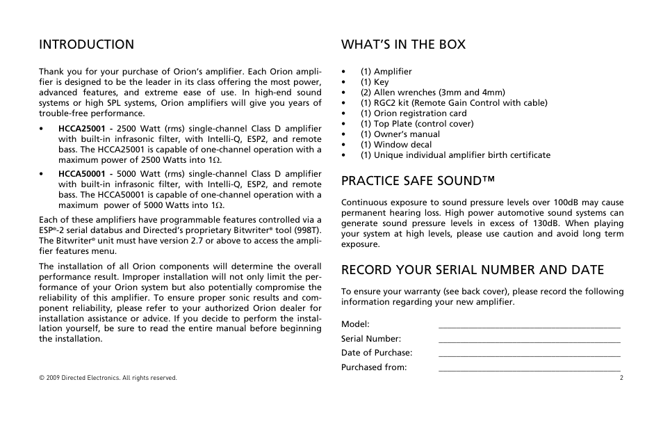 Introduction, What’s in the box, Practice safe sound | Record your serial number and date | Orion Car Audio HCCA25001 User Manual | Page 3 / 126