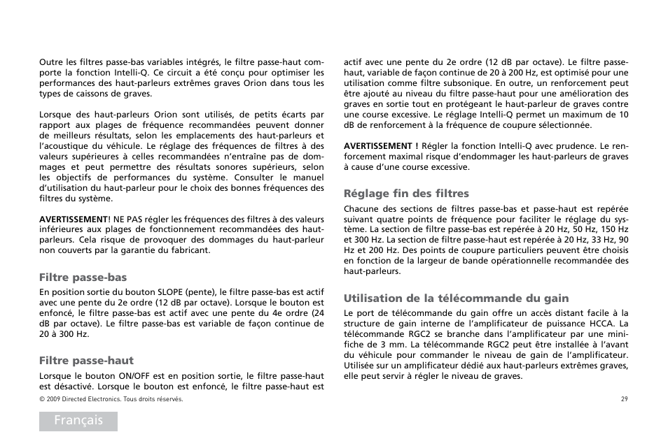 Français | Orion Car Audio HCCA25001 User Manual | Page 30 / 126