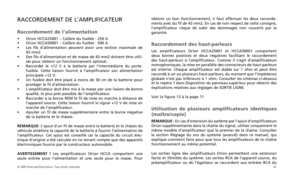 Raccordement de l’amplificateur, Raccordement de l’alimentation, Raccordement des haut-parleurs | Orion Car Audio HCCA25001 User Manual | Page 33 / 126