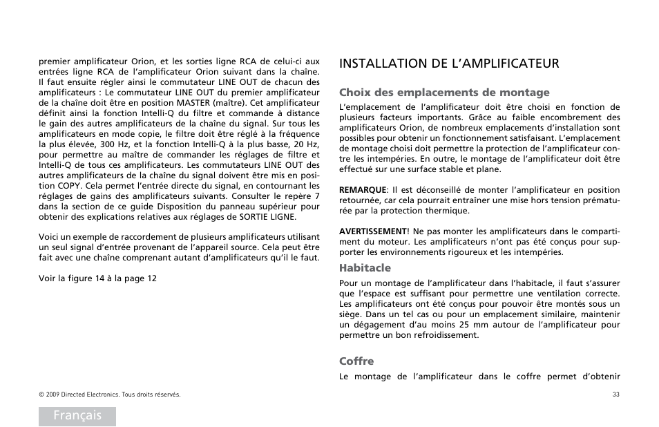 Français, Installation de l’amplificateur | Orion Car Audio HCCA25001 User Manual | Page 34 / 126