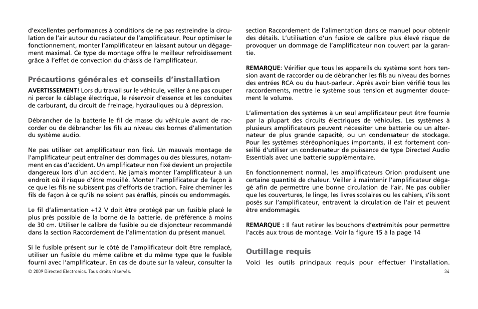 Précautions générales et conseils d’installation, Outillage requis | Orion Car Audio HCCA25001 User Manual | Page 35 / 126