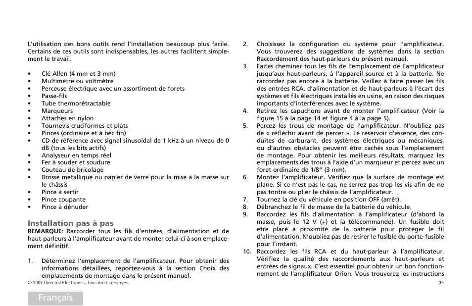 Français, Installation pas à pas | Orion Car Audio HCCA25001 User Manual | Page 36 / 126