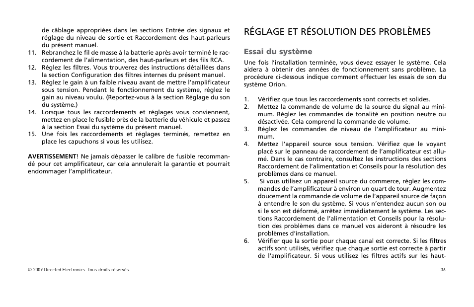 Réglage et résolution des problèmes, Essai du système | Orion Car Audio HCCA25001 User Manual | Page 37 / 126