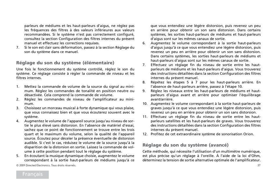 Français, Réglage du son du système (élémentaire), Réglage du son du système (avancé) | Orion Car Audio HCCA25001 User Manual | Page 38 / 126