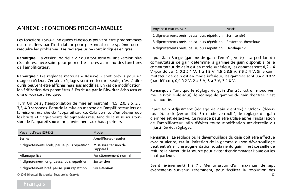 Français annexe : fonctions programables | Orion Car Audio HCCA25001 User Manual | Page 44 / 126