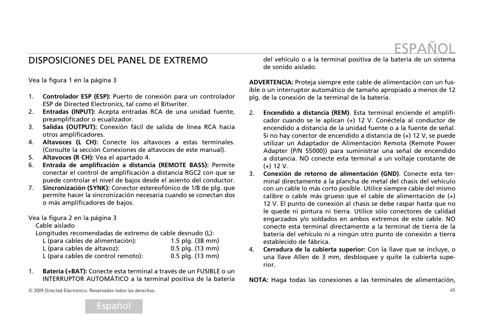 Español, Disposiciones del panel de extremo | Orion Car Audio HCCA25001 User Manual | Page 46 / 126
