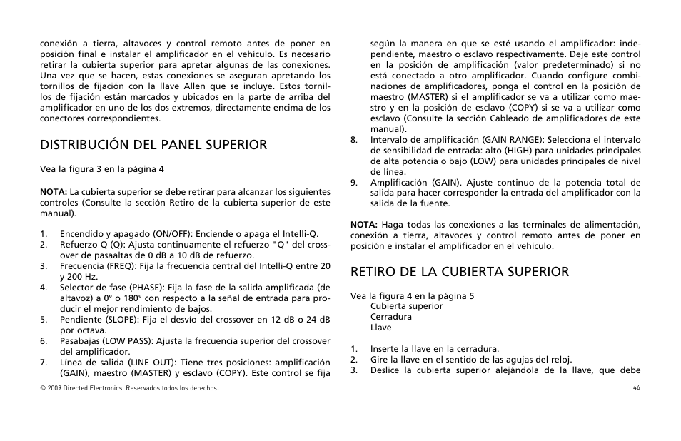 Distribución del panel superior, Retiro de la cubierta superior | Orion Car Audio HCCA25001 User Manual | Page 47 / 126