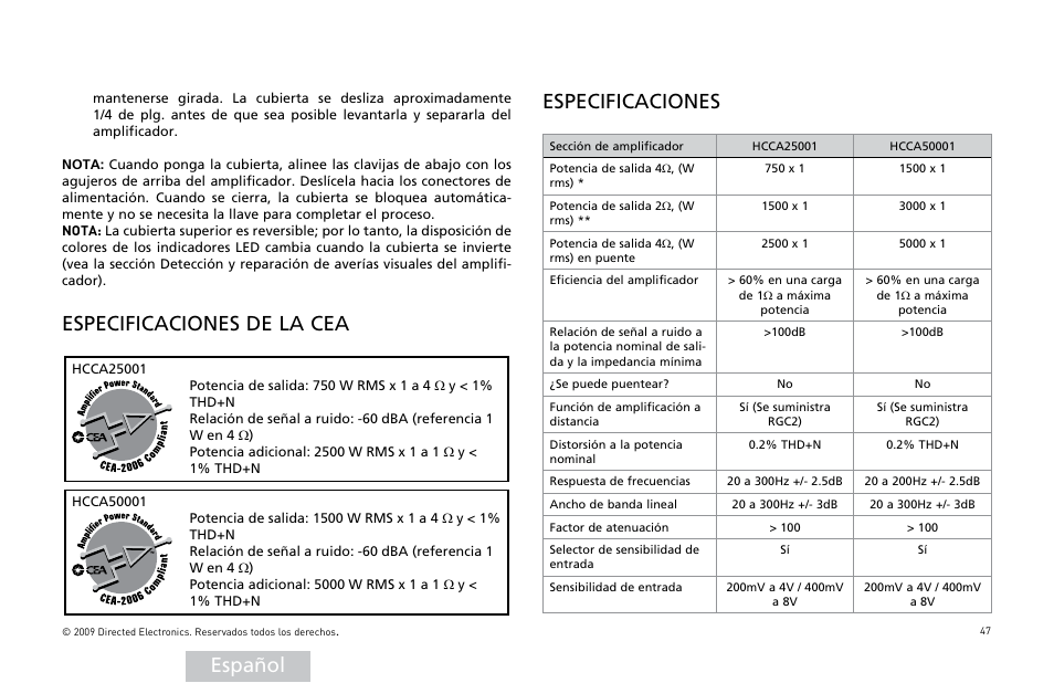 Español, Especificaciones de la cea, Especificaciones | Orion Car Audio HCCA25001 User Manual | Page 48 / 126