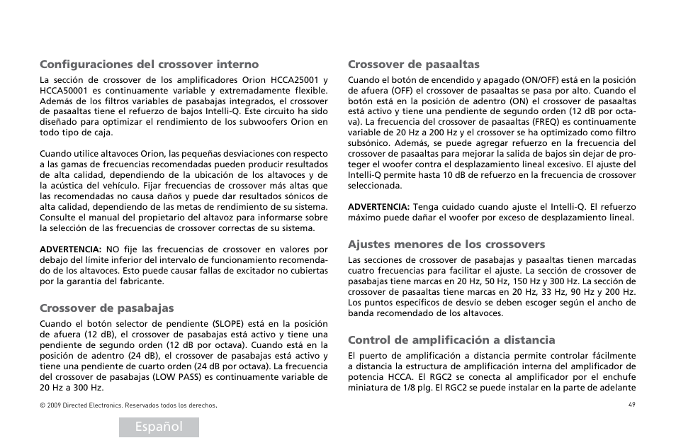 Español | Orion Car Audio HCCA25001 User Manual | Page 50 / 126