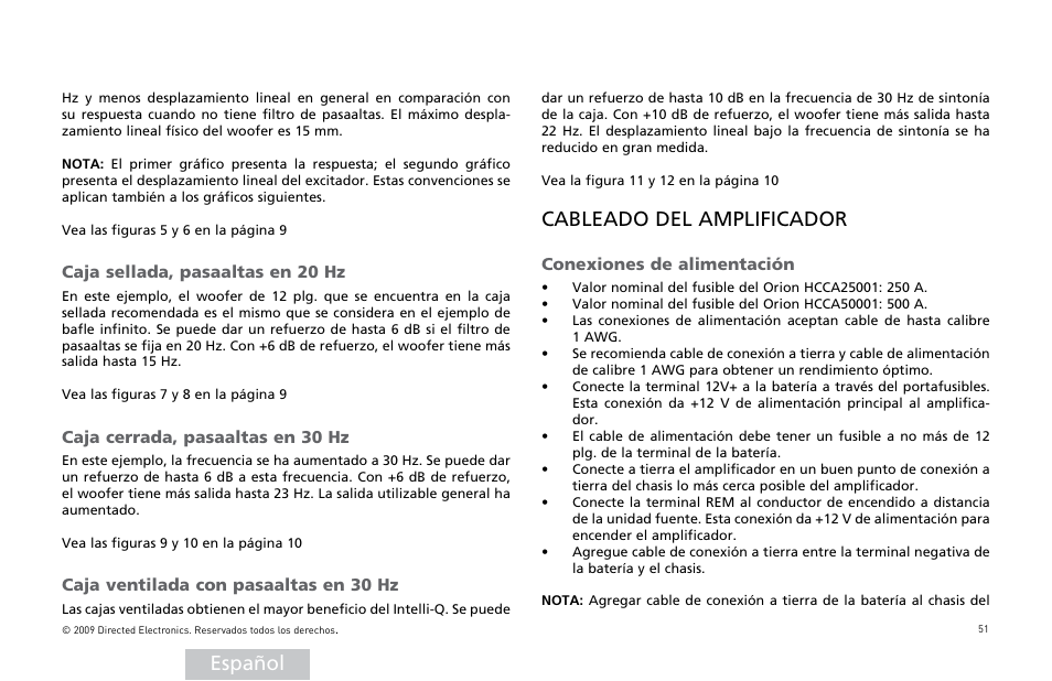 Español, Cableado del amplificador | Orion Car Audio HCCA25001 User Manual | Page 52 / 126