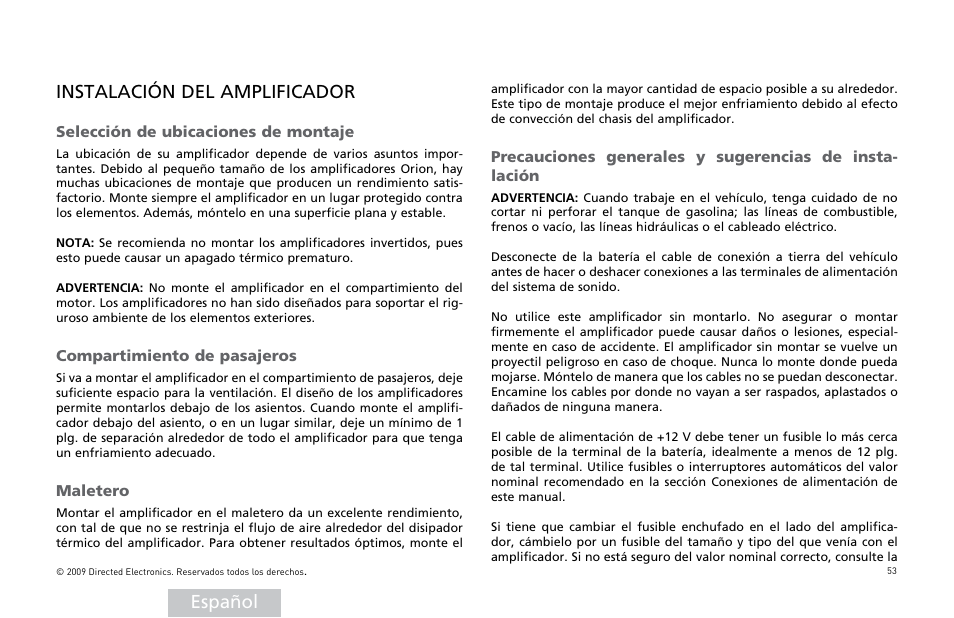 Español instalación del amplificador | Orion Car Audio HCCA25001 User Manual | Page 54 / 126