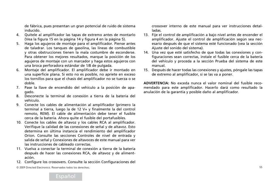 Español | Orion Car Audio HCCA25001 User Manual | Page 56 / 126