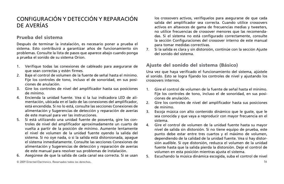 Configuración y detección y reparación de averías, Prueba del sistema, Ajuste del sonido del sistema (básico) | Orion Car Audio HCCA25001 User Manual | Page 57 / 126