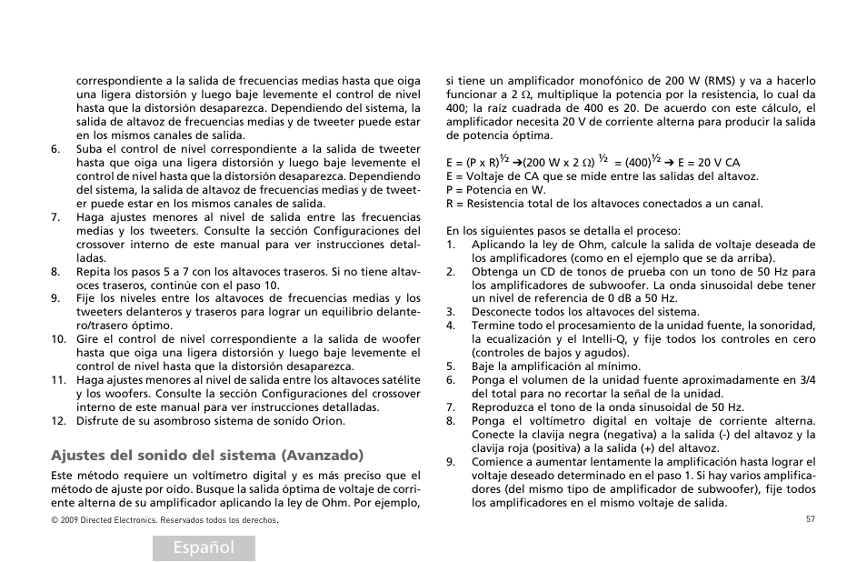 Español, Ajustes del sonido del sistema (avanzado) | Orion Car Audio HCCA25001 User Manual | Page 58 / 126