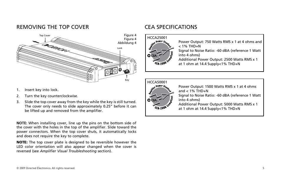 Removing the top cover, Cea specifications | Orion Car Audio HCCA25001 User Manual | Page 6 / 126
