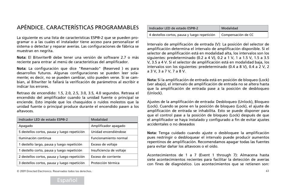 Español, Apéndice. características programable | Orion Car Audio HCCA25001 User Manual | Page 64 / 126