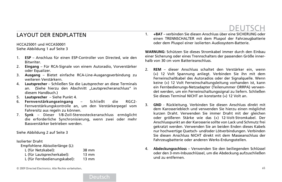 Deutsch, Deutsch layout der endplatten | Orion Car Audio HCCA25001 User Manual | Page 66 / 126