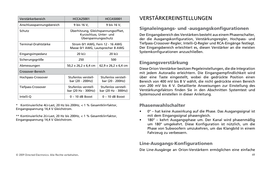 Verstärkereinstellungen, Signaleingangs- und -ausgangskonfigurationen, Eingangsverstärkung | Phasenwahlschalter, Line-ausgangs-konfigurationen | Orion Car Audio HCCA25001 User Manual | Page 69 / 126