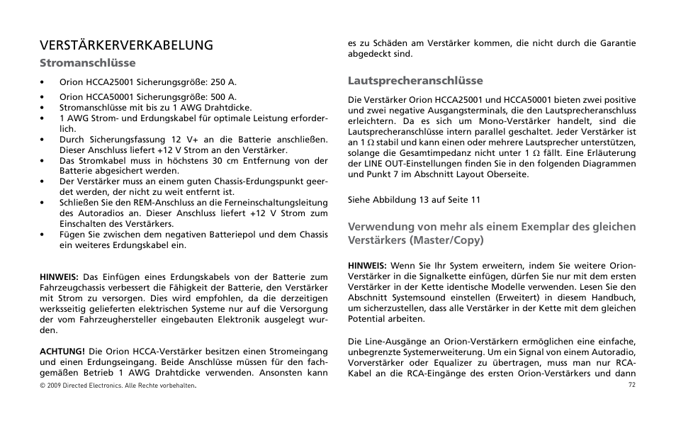 Verstärkerverkabelung, Stromanschlüsse, Lautsprecheranschlüsse | Orion Car Audio HCCA25001 User Manual | Page 73 / 126