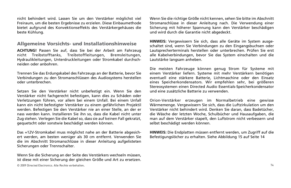 Allgemeine vorsichts- und installationshinweise | Orion Car Audio HCCA25001 User Manual | Page 75 / 126