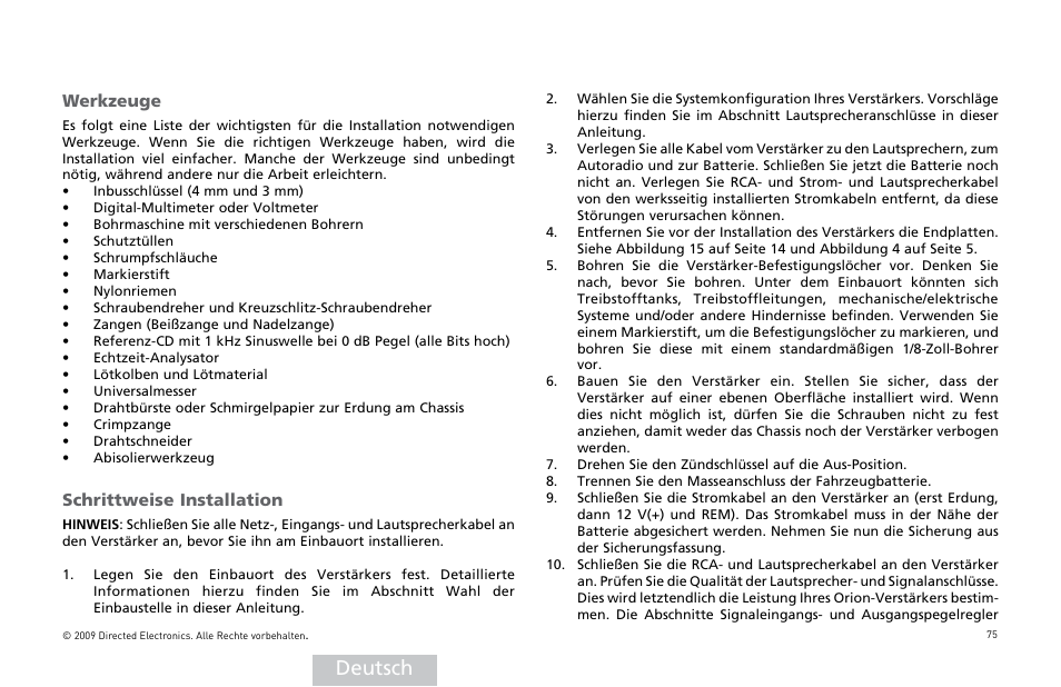 Deutsch, Werkzeuge, Schrittweise installation | Orion Car Audio HCCA25001 User Manual | Page 76 / 126