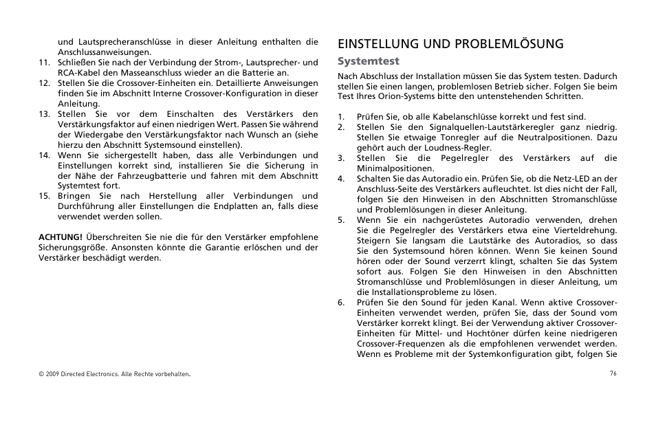 Einstellung und problemlösung, Systemtest | Orion Car Audio HCCA25001 User Manual | Page 77 / 126