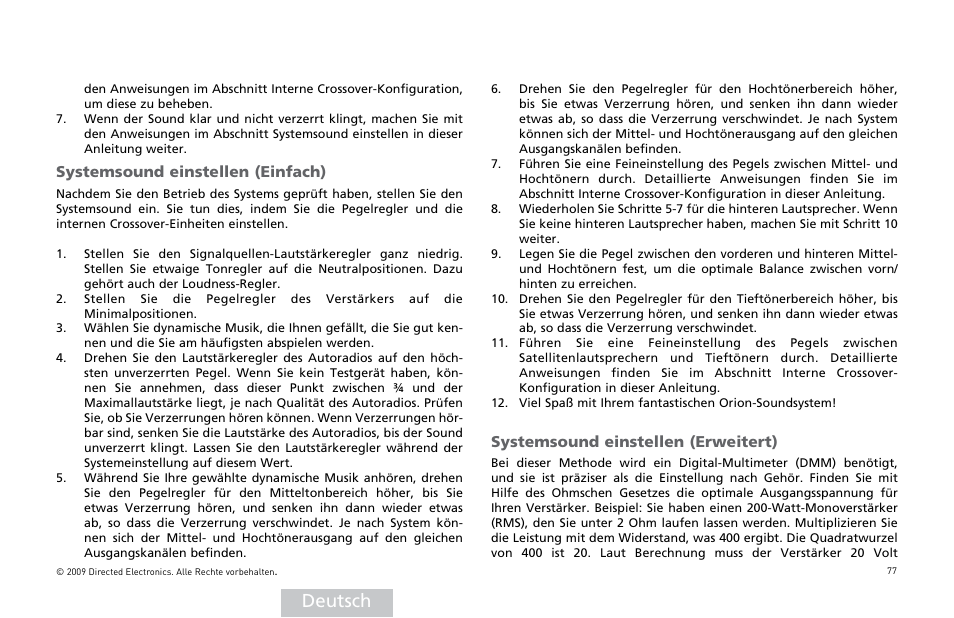 Deutsch, Systemsound einstellen (einfach), Systemsound einstellen (erweitert) | Orion Car Audio HCCA25001 User Manual | Page 78 / 126