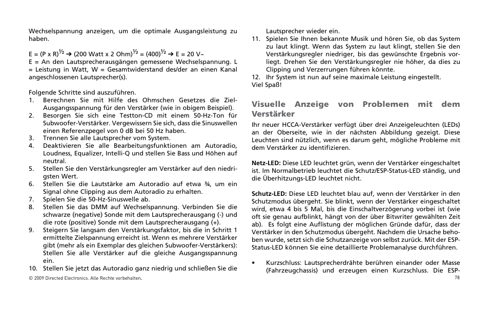 Visuelle anzeige von problemen mit dem verstärker | Orion Car Audio HCCA25001 User Manual | Page 79 / 126