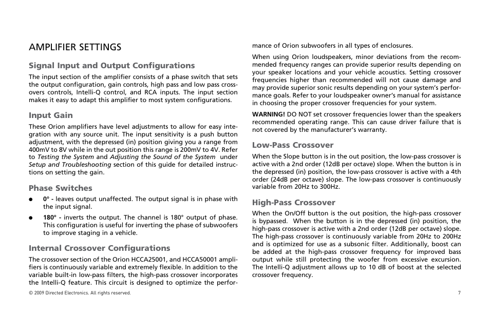 Amplifier settings | Orion Car Audio HCCA25001 User Manual | Page 8 / 126