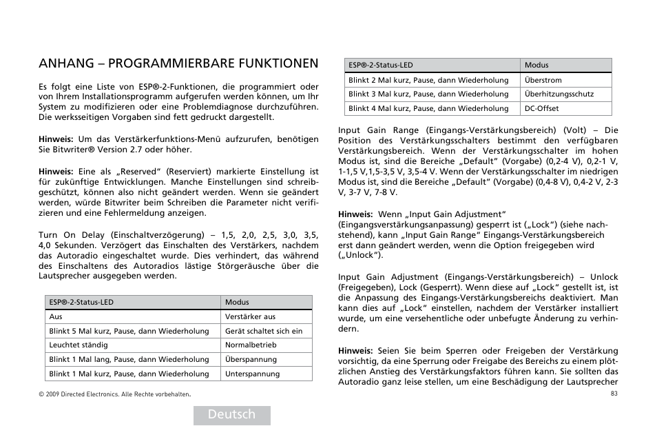 Deutsch, Anhang – programmierbare funktionen | Orion Car Audio HCCA25001 User Manual | Page 84 / 126