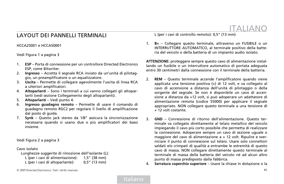 Italiano, Layout dei pannelli terminali | Orion Car Audio HCCA25001 User Manual | Page 86 / 126