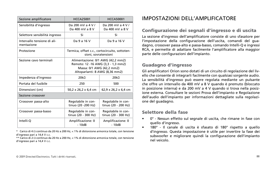 Impostazioni dell’amplificatore, Configurazione dei segnali d’ingresso e di uscita, Guadagno d’ingresso | Selettore della fase | Orion Car Audio HCCA25001 User Manual | Page 89 / 126