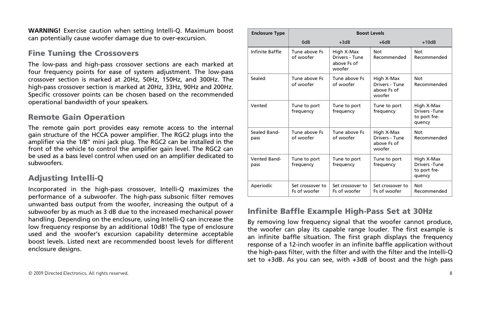 Fine tuning the crossovers, Remote gain operation, Adjusting intelli-q | Infinite baffle example high-pass set at 30hz | Orion Car Audio HCCA25001 User Manual | Page 9 / 126