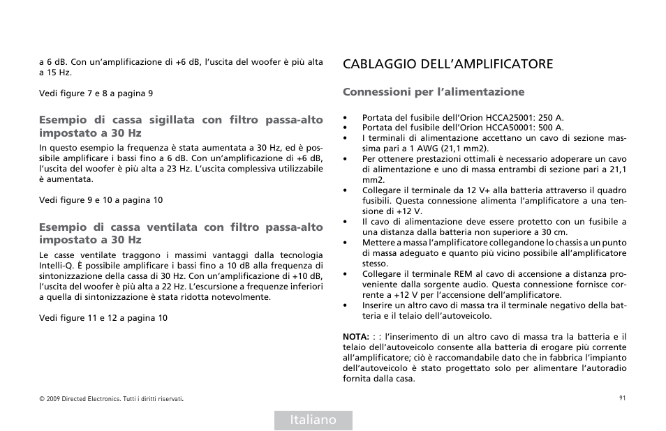 Italiano, Cablaggio dell’amplificatore, Connessioni per l’alimentazione | Orion Car Audio HCCA25001 User Manual | Page 92 / 126