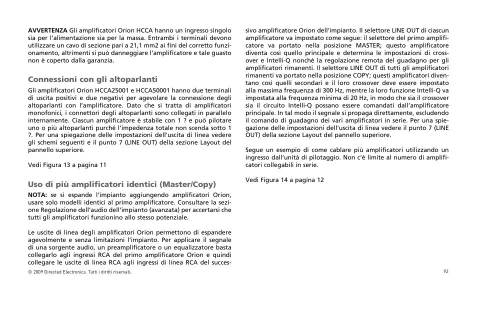 Connessioni con gli altoparlanti, Uso di più amplificatori identici (master/copy) | Orion Car Audio HCCA25001 User Manual | Page 93 / 126