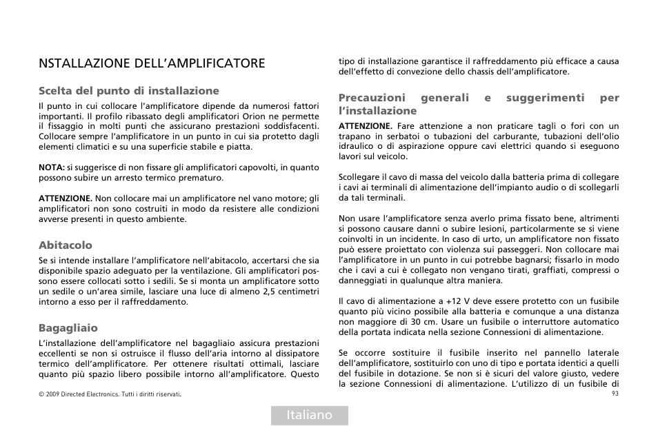 Italiano nstallazione dell’amplificatore | Orion Car Audio HCCA25001 User Manual | Page 94 / 126