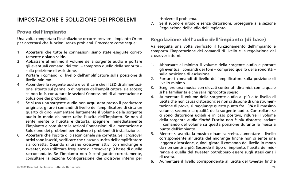 Impostazione e soluzione dei problemi, Prova dell’impianto, Regolazione dell’audio dell’impianto (di base) | Orion Car Audio HCCA25001 User Manual | Page 97 / 126