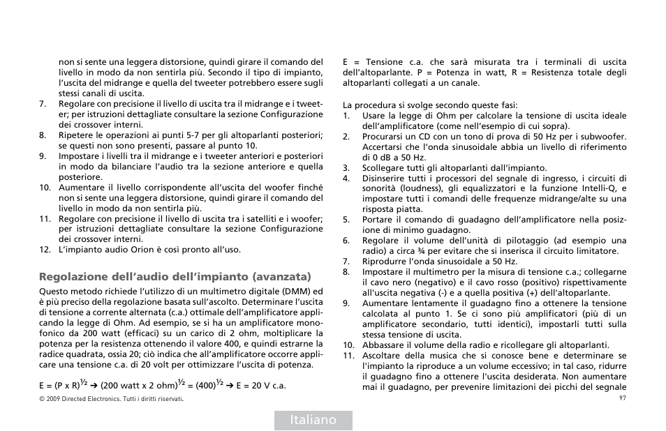 Italiano, Regolazione dell’audio dell’impianto (avanzata) | Orion Car Audio HCCA25001 User Manual | Page 98 / 126