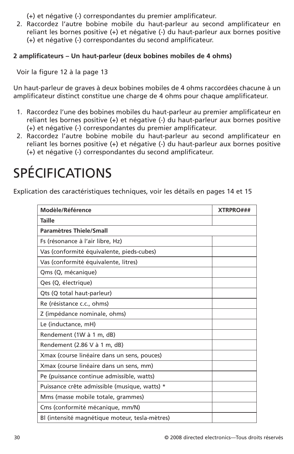 Spécifications | Orion Car Audio XTRPRO102 User Manual | Page 30 / 75