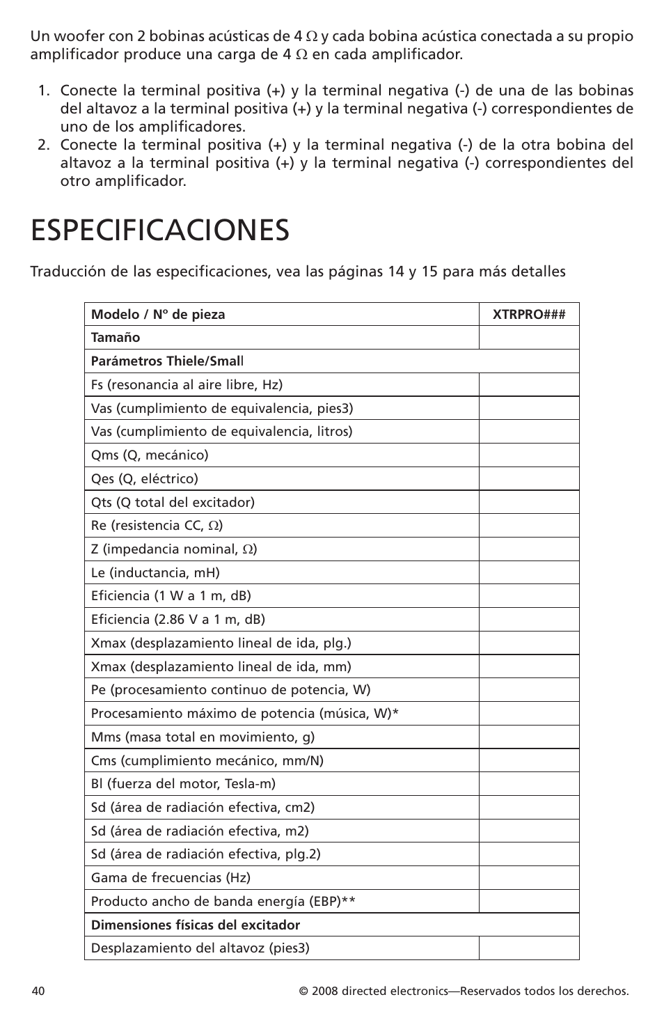 Especificaciones | Orion Car Audio XTRPRO102 User Manual | Page 40 / 75