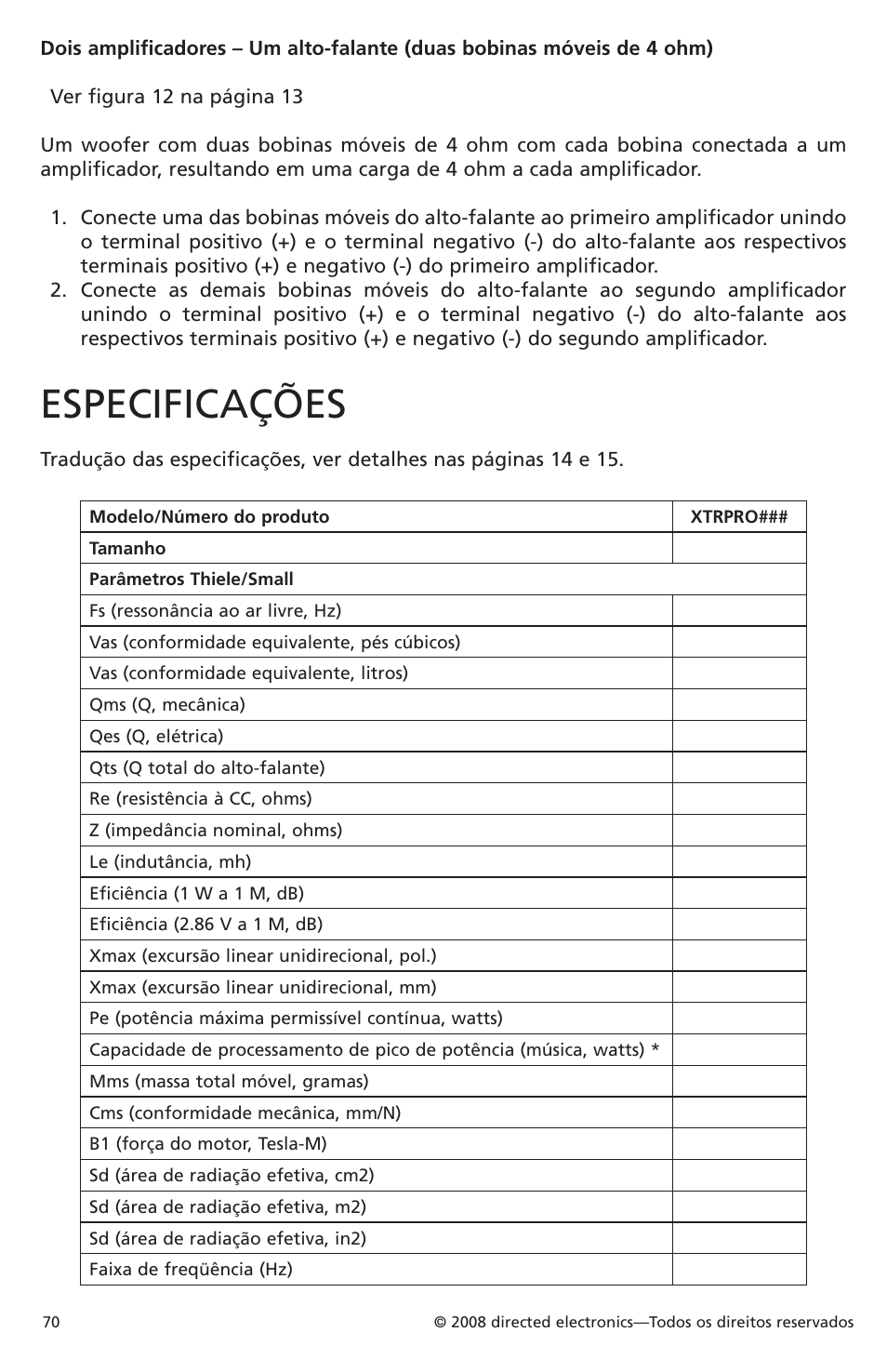 Especificações | Orion Car Audio XTRPRO102 User Manual | Page 70 / 75