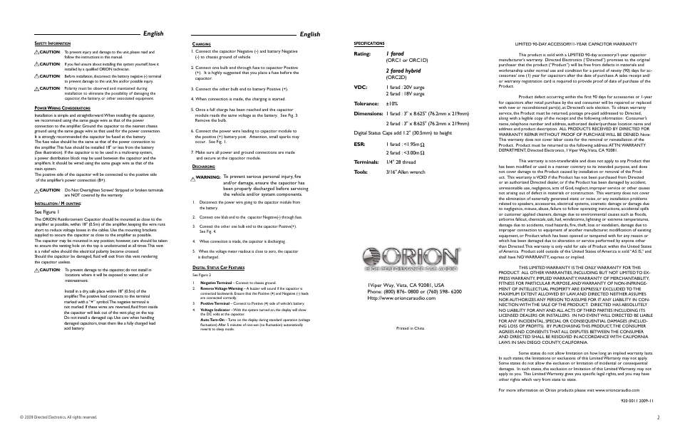 English, 1 farad, 2 farad hybrid | Orion Car Audio FARAD ORC1D User Manual | Page 2 / 2