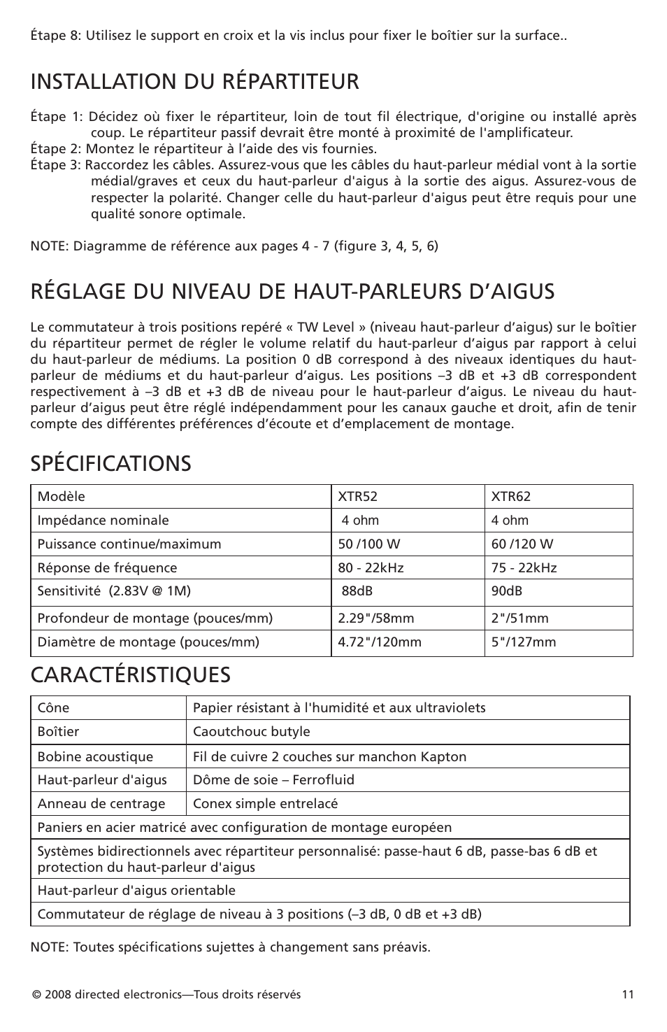 Installation du répartiteur, Réglage du niveau de haut-parleurs d’aigus, Spécifications | Caractéristiques | Orion Car Audio XTR52 User Manual | Page 12 / 29