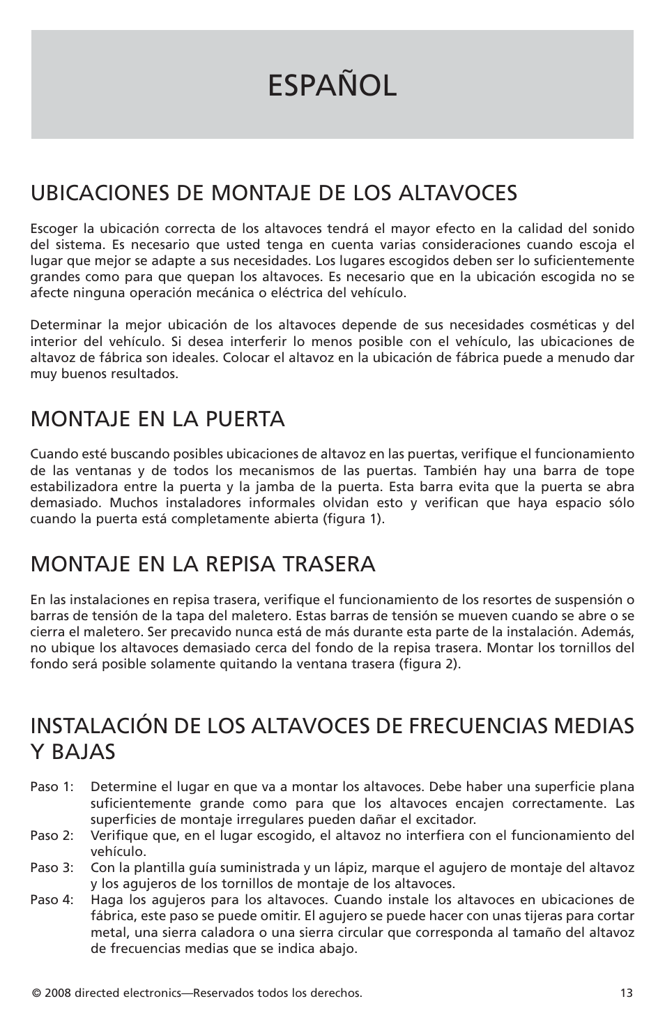 Español, Ubicaciones de montaje de los altavoces, Montaje en la puerta | Montaje en la repisa trasera | Orion Car Audio XTR52 User Manual | Page 13 / 29