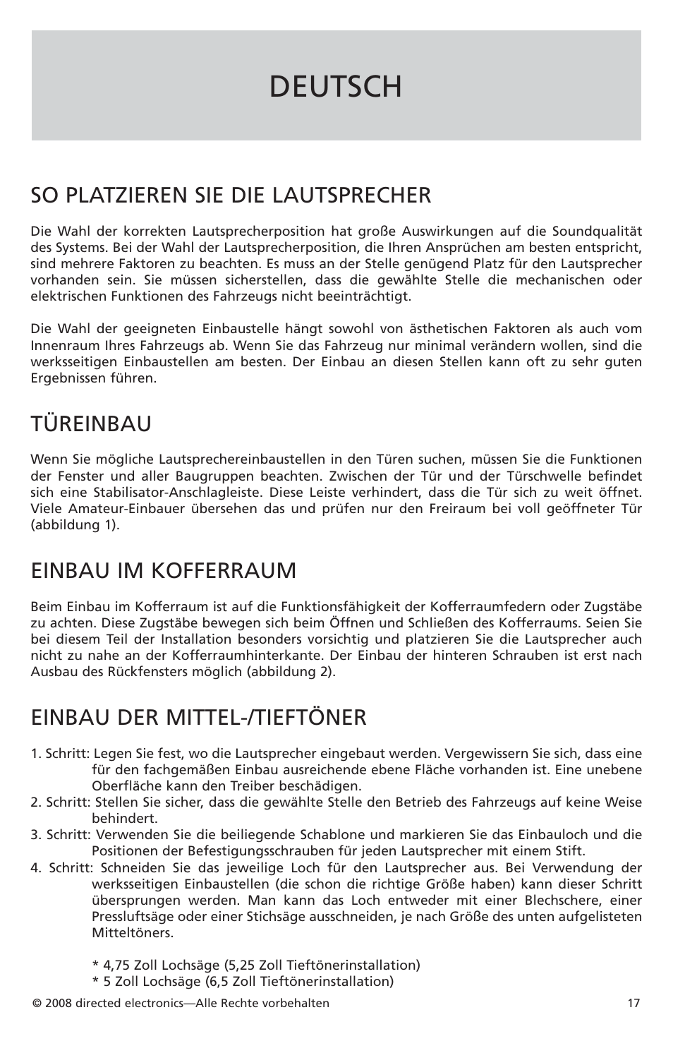 Deutsch, So platzieren sie die lautsprecher, Türeinbau | Einbau im kofferraum, Einbau der mittel-/tieftöner | Orion Car Audio XTR52 User Manual | Page 17 / 29