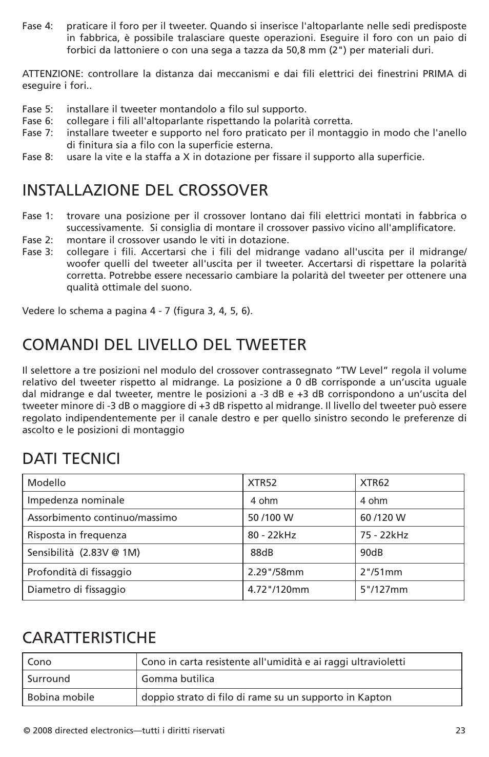 Installazione del crossover, Comandi del livello del tweeter, Dati tecnici | Caratteristiche | Orion Car Audio XTR52 User Manual | Page 23 / 29