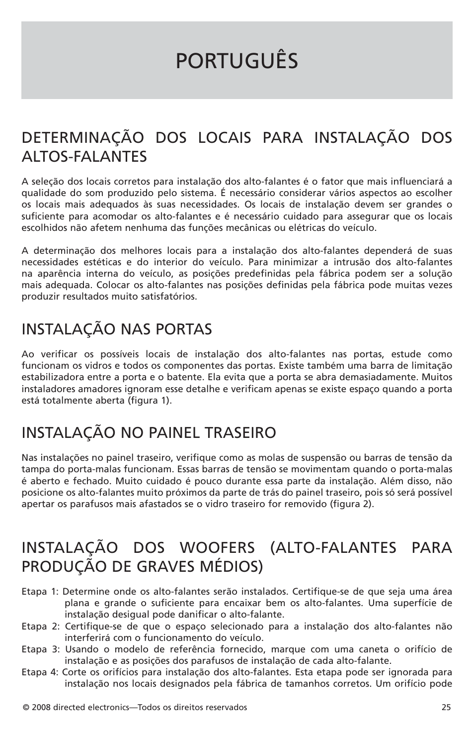 Português, Instalação nas portas, Instalação no painel traseiro | Orion Car Audio XTR52 User Manual | Page 25 / 29