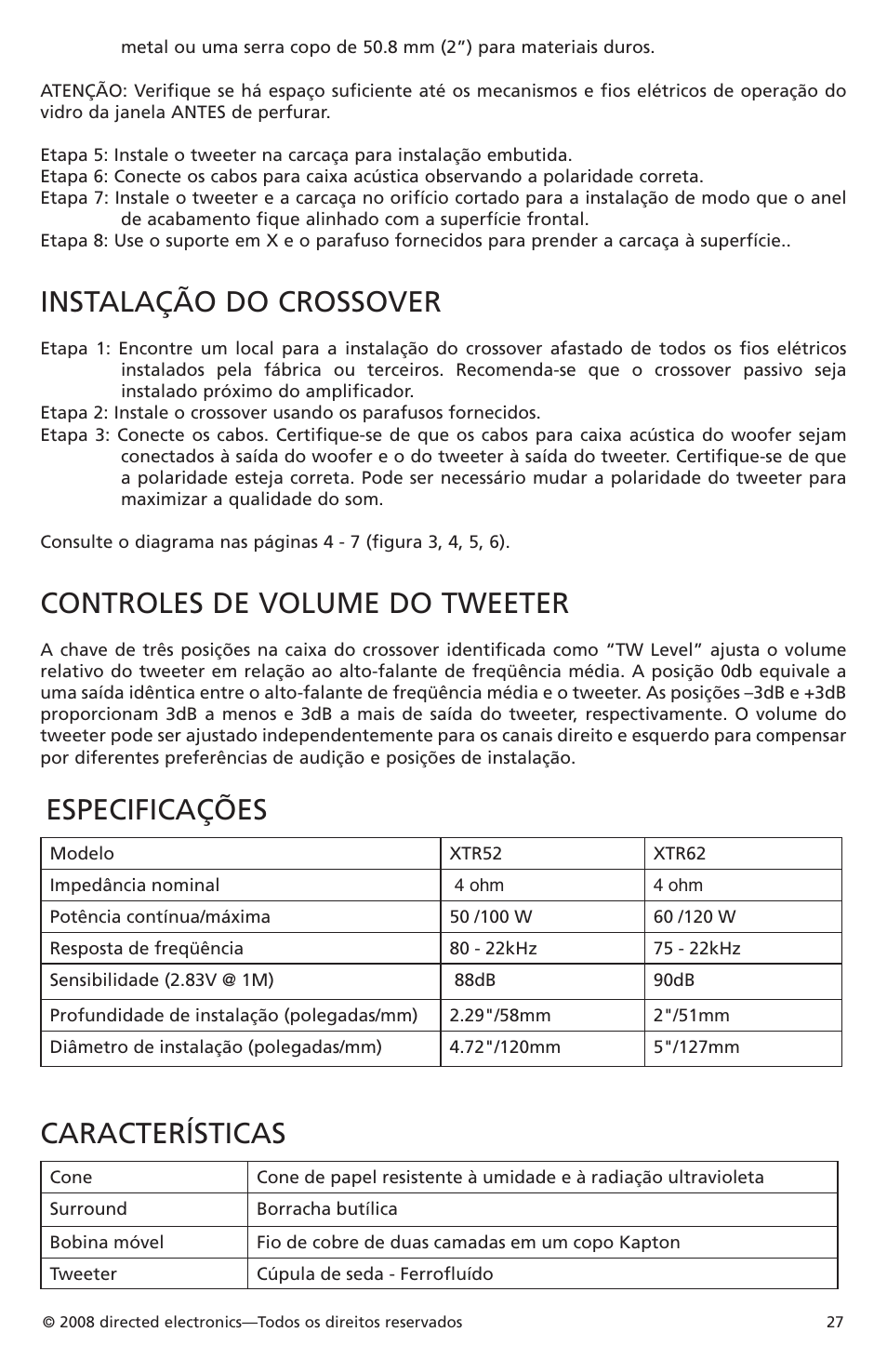 Instalação do crossover, Controles de volume do tweeter, Especificações | Características | Orion Car Audio XTR52 User Manual | Page 27 / 29